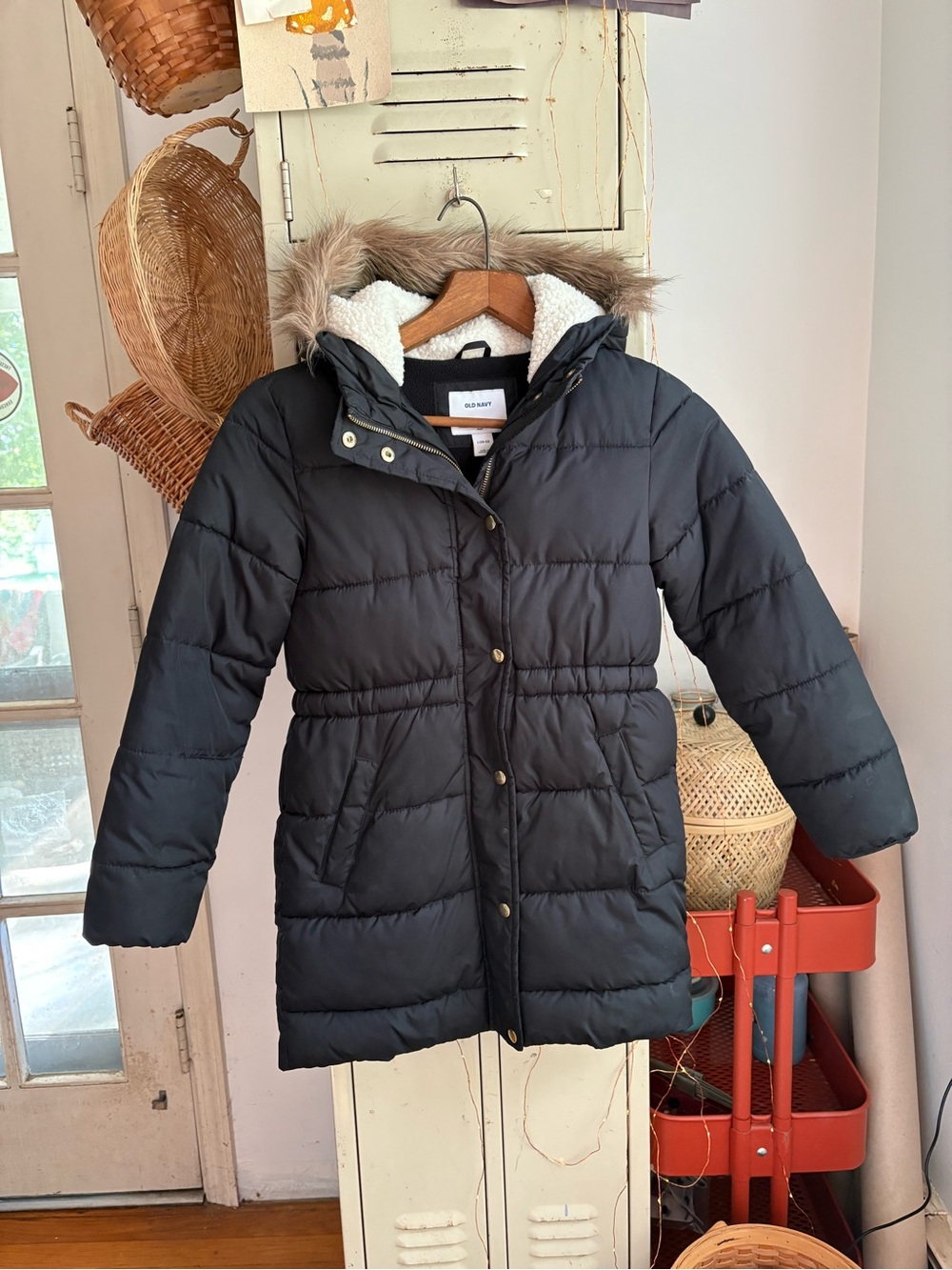 Kids winter long puffer jacket with fur hood